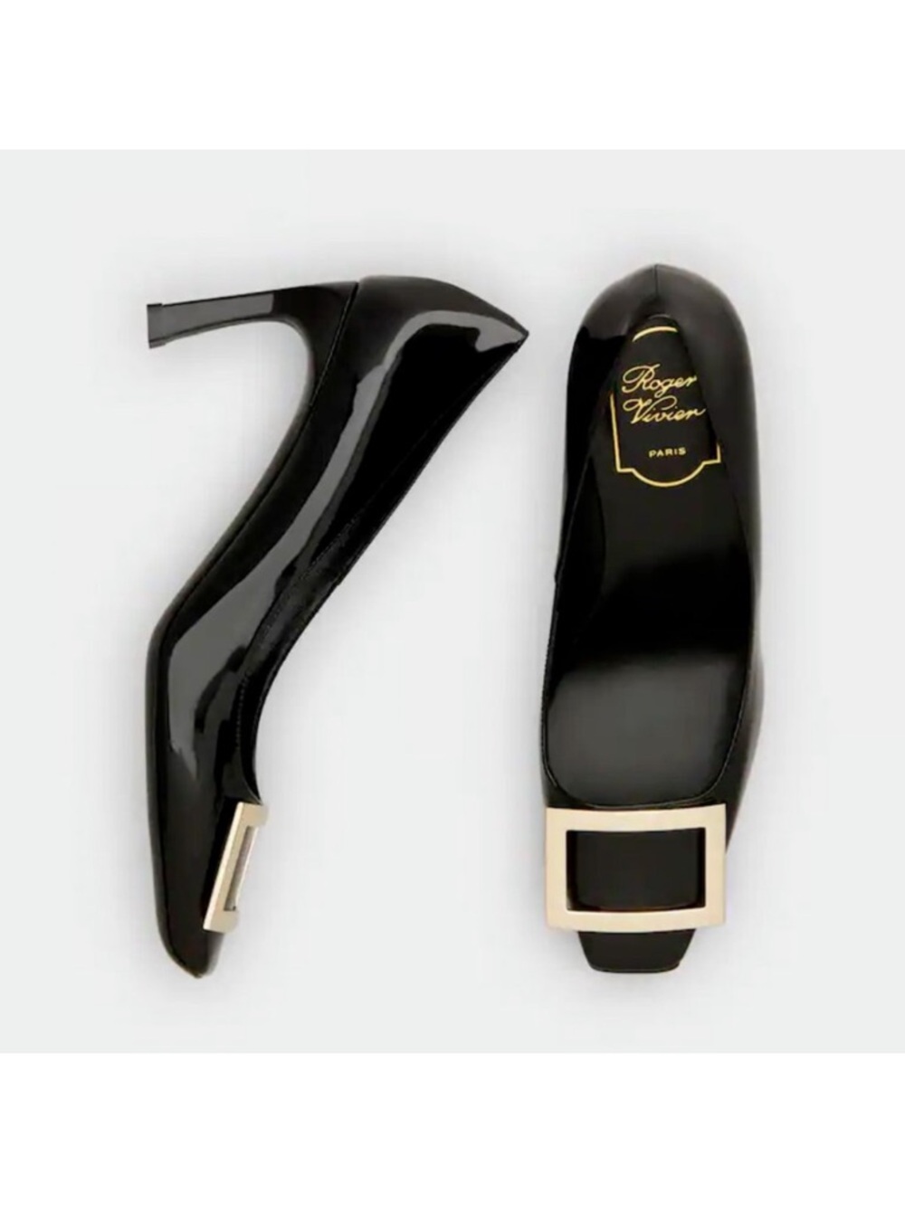 $975 Roger Vivier Black Trompette Buckle Patent Leather Heels Pumps size 38